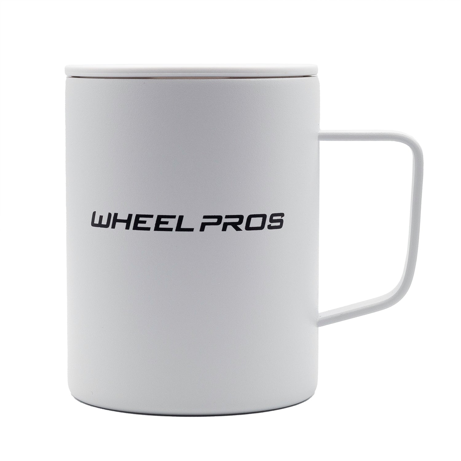 White ceramic mug with "WHEEL PROS" logo in black, featuring a handle on the right side and a matching lid on top.