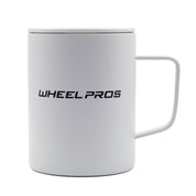 White ceramic mug with "WHEEL PROS" logo in black, featuring a handle on the right side and a matching lid on top.