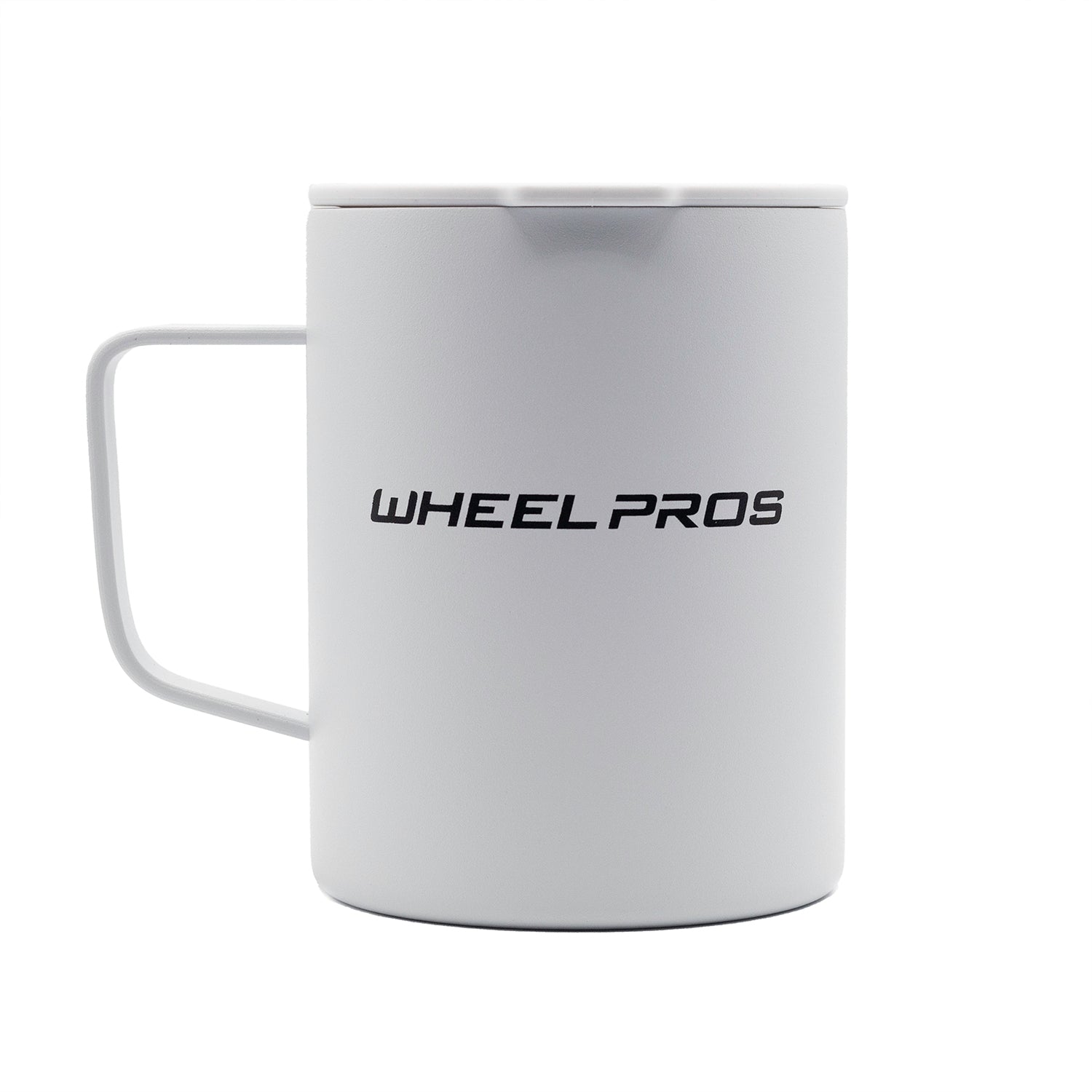 White coffee mug with "WHEEL PROS" logo in black, featuring a handle on the left side and a smooth, rounded shape.