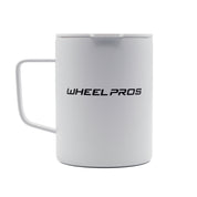 White coffee mug with "WHEEL PROS" logo in black, featuring a handle on the left side and a smooth, rounded shape.