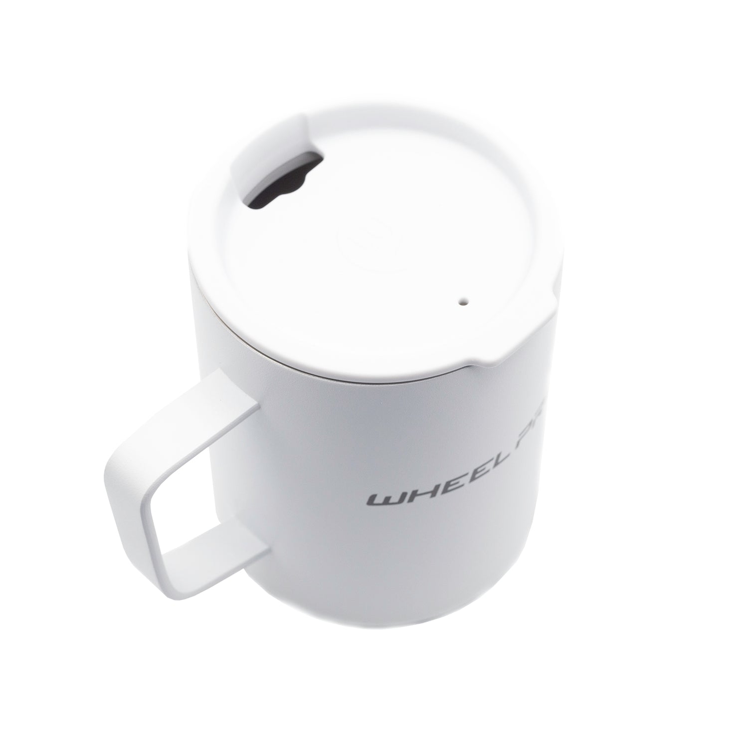 White coffee mug with a black lid and the words "WHEEL" printed on the side, designed for hot beverages.