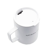 White coffee mug with a black lid and the words "WHEEL" printed on the side, designed for hot beverages.