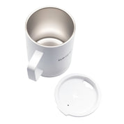 White WP coffee mug with a removable lid, stainless steel interior, and a sturdy handle, ideal for hot beverages.
