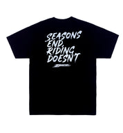 ZBROZ SEASONS NEVER END Short Sleeve Tee in black, featuring a large back graphic with the slogan "Riding Doesn't End."
