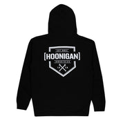 Black zip hoodie featuring the Hoonigan logo and established date on the back, perfect for motorsport enthusiasts.