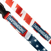 Hoonigan Stars & Stripes lanyard featuring bold red, white, and blue designs with the Hoonigan logo.