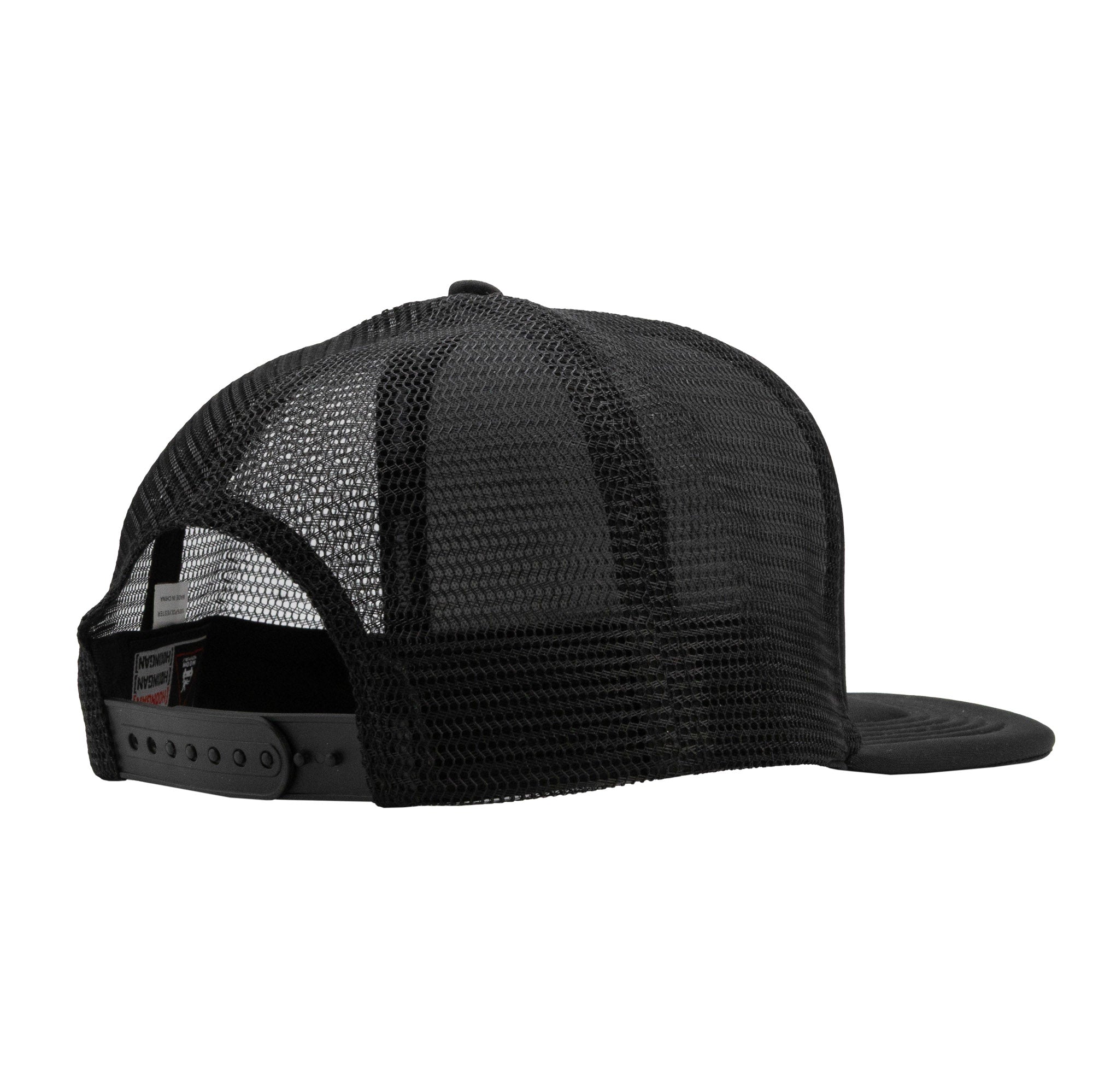 Black trucker hat with mesh back and adjustable strap, featuring "LEGENDS NEVER DIE" embroidered on the front.