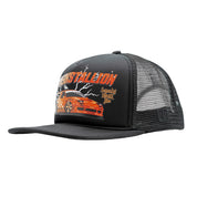 Hoonigan Legends Never Die Trucker Hat featuring a graphic of a classic car with bold text on a black and mesh design.