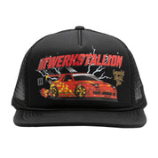 Black trucker hat featuring "Twerkstallion" graphic and lightning design, celebrating automotive culture and legends.