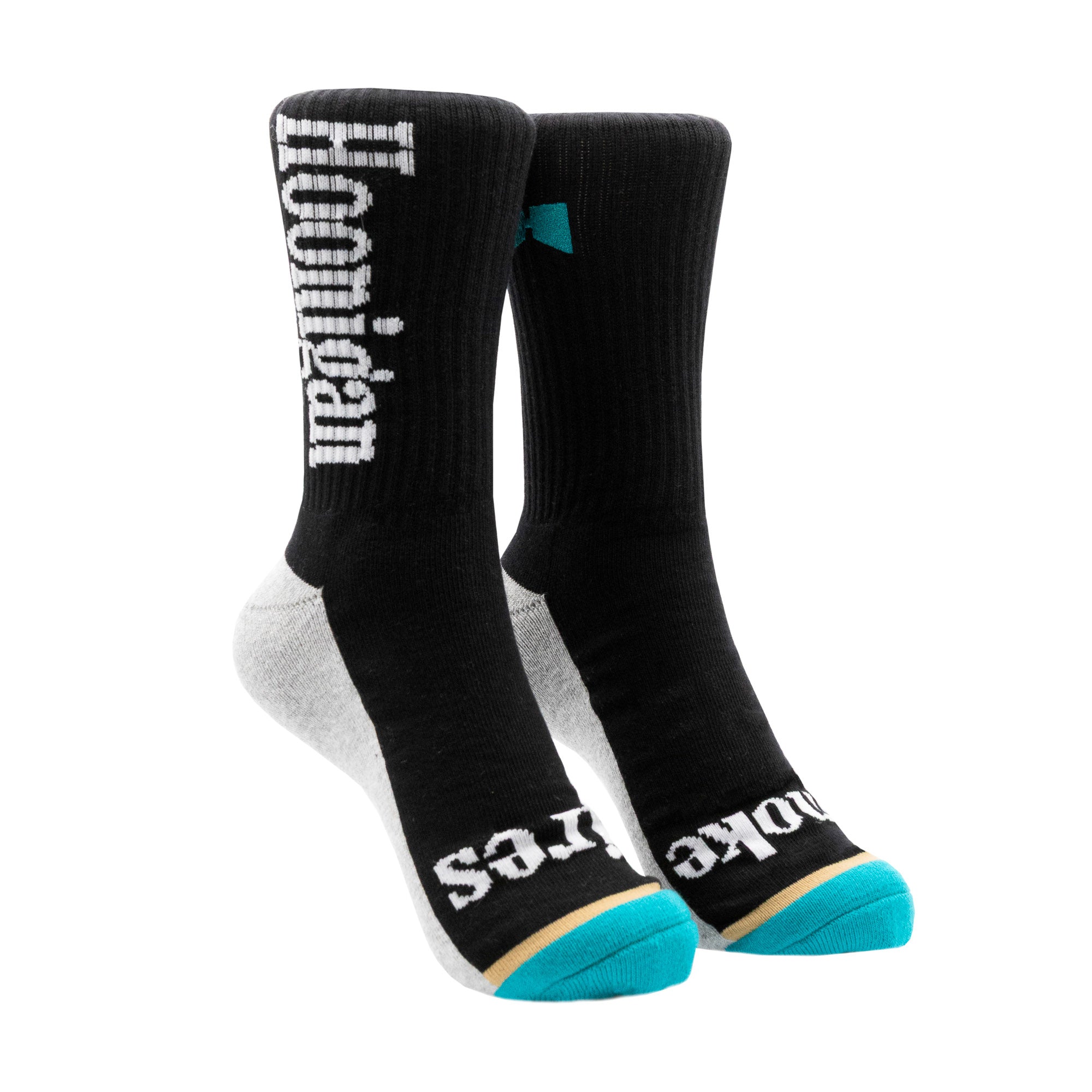 Black and gray Hoonigan BURNOUT TEAM socks featuring bold branding and a comfortable design for motorsport enthusiasts.