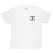 White short sleeve Hoonigan LOW COMPRESSION T-shirt featuring a black logo on the chest, perfect for motorsport enthusiasts.