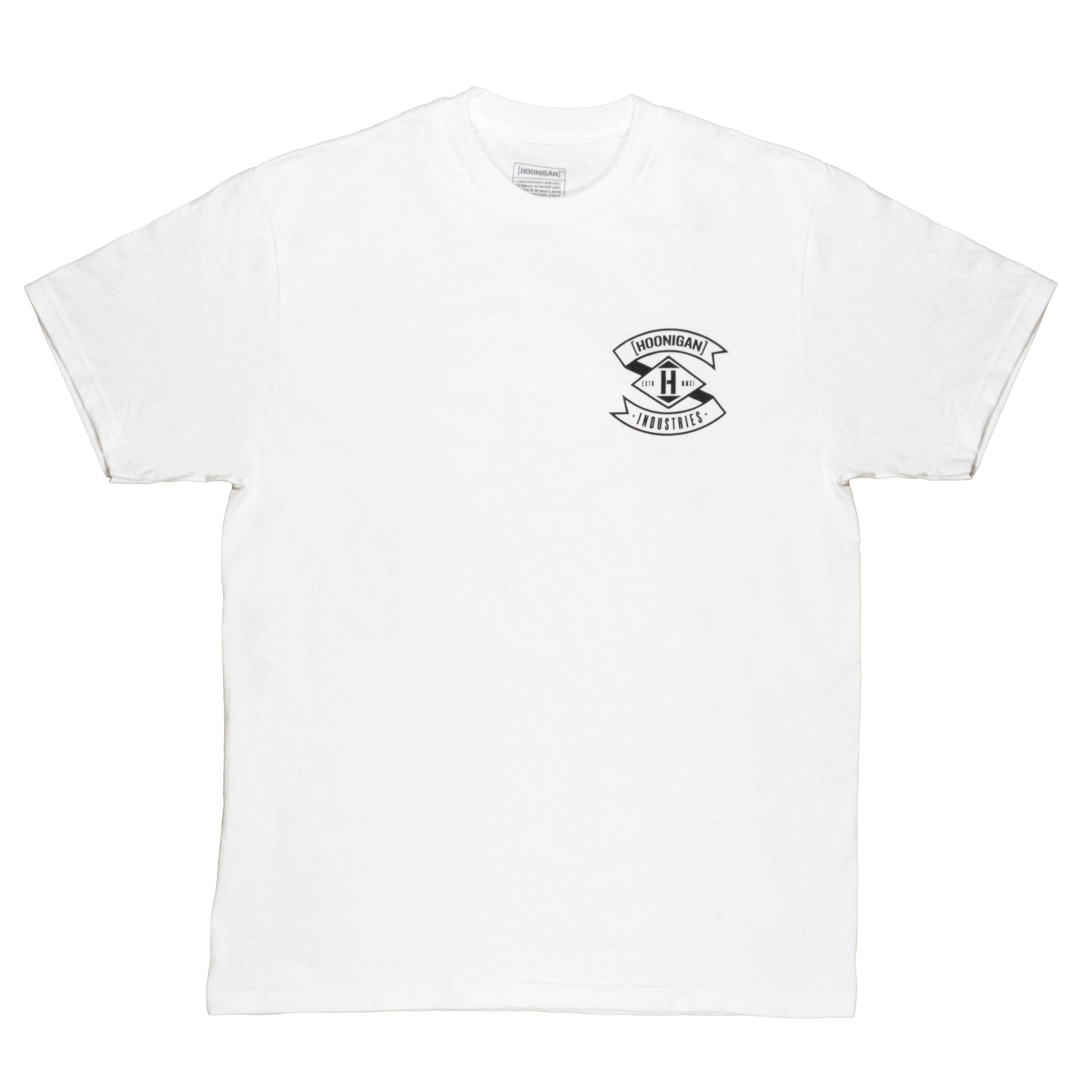 White short sleeve Hoonigan LOW COMPRESSION T-shirt featuring a black logo on the chest, perfect for motorsport enthusiasts.