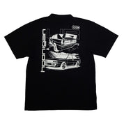 Black short sleeve t-shirt featuring Hoonigan x Lia Block graphic with vintage cars and bold lettering on the back.