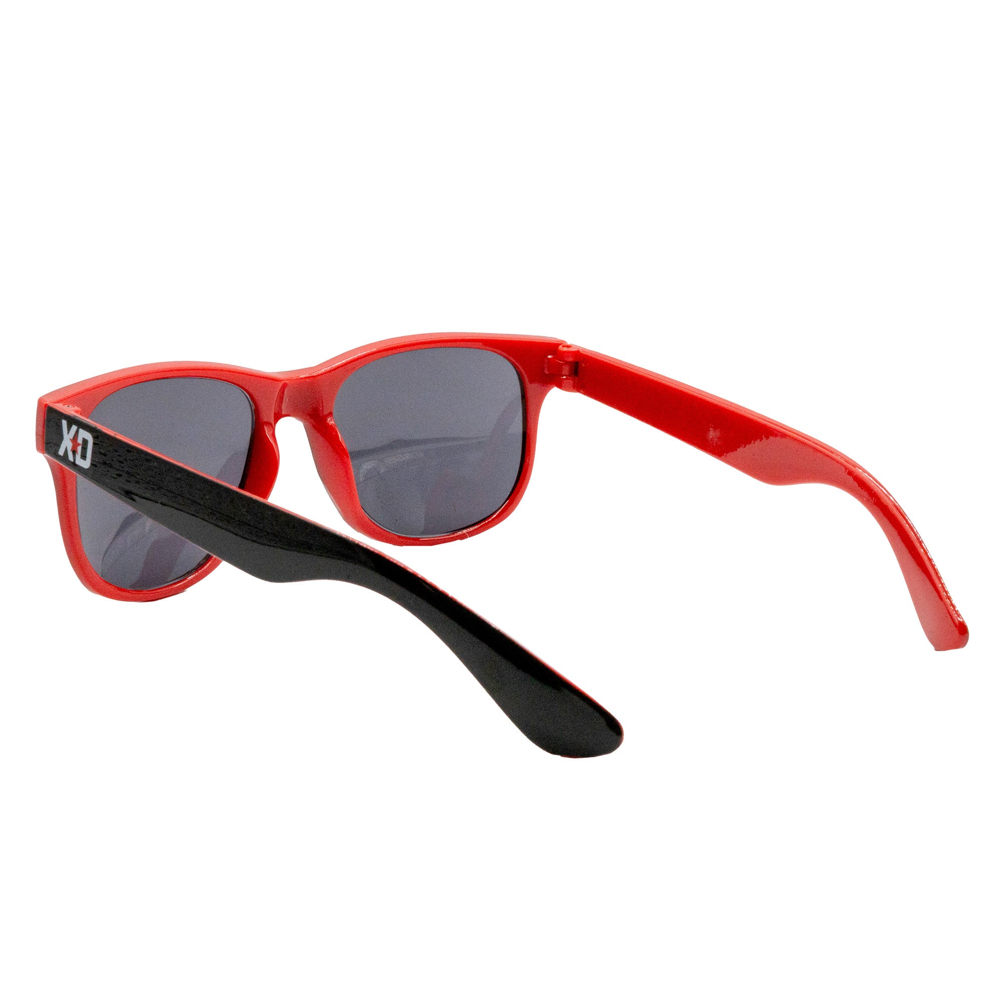 Red XD logo sunglasses with dark lenses and a black arm, perfect for automotive enthusiasts and outdoor adventures.