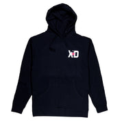 Navy pullover hoodie featuring the XD logo on the chest, designed for automotive enthusiasts and casual wear.