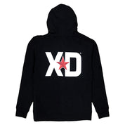 Black pullover hoodie featuring a large white XD logo and red star on the back, perfect for automotive enthusiasts.