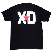 Black short sleeve t-shirt featuring a large white XD logo with a red star, ideal for automotive enthusiasts.