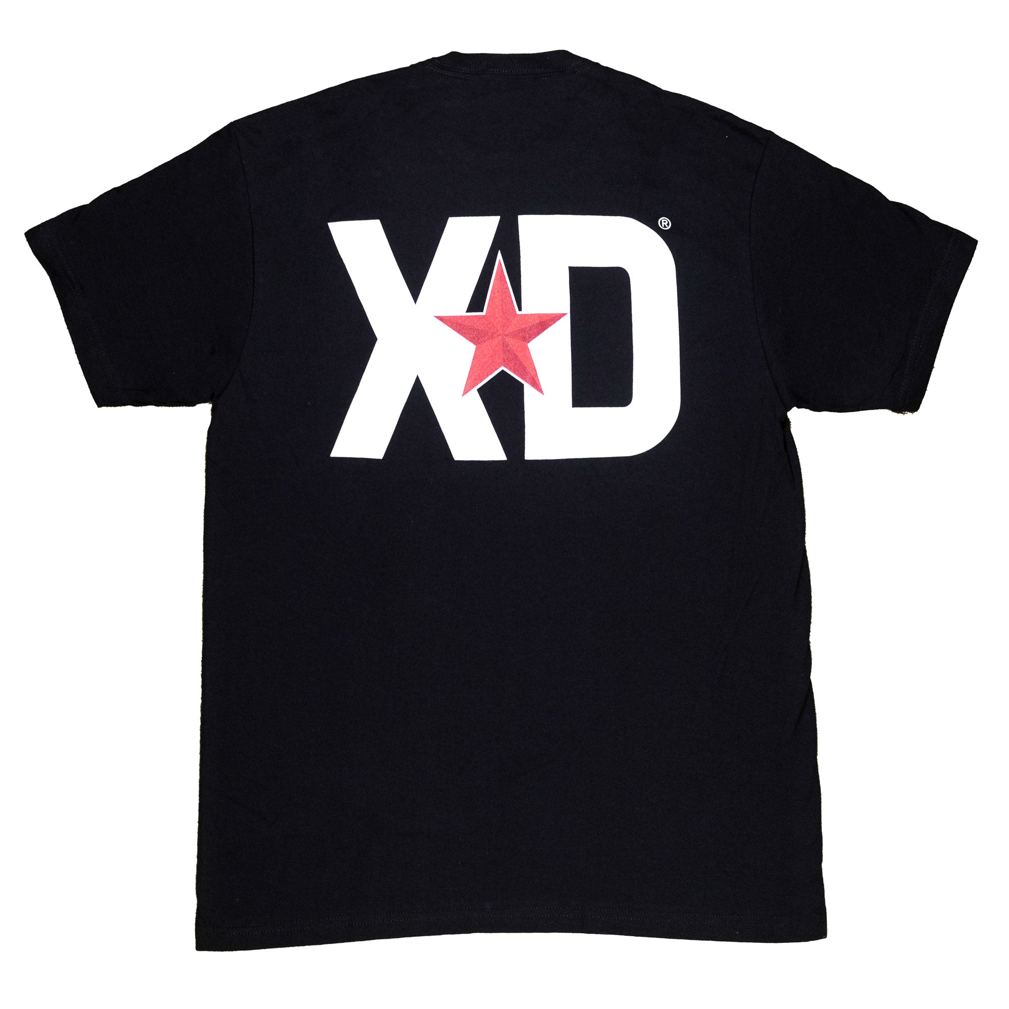 Black short sleeve t-shirt featuring a large white XD logo with a red star, ideal for automotive enthusiasts.