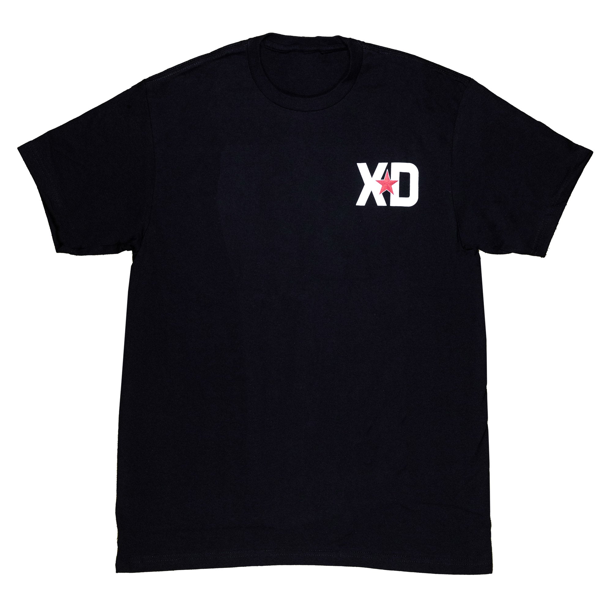 Black short sleeve t-shirt featuring a bold XD logo with a red star, perfect for automotive enthusiasts.