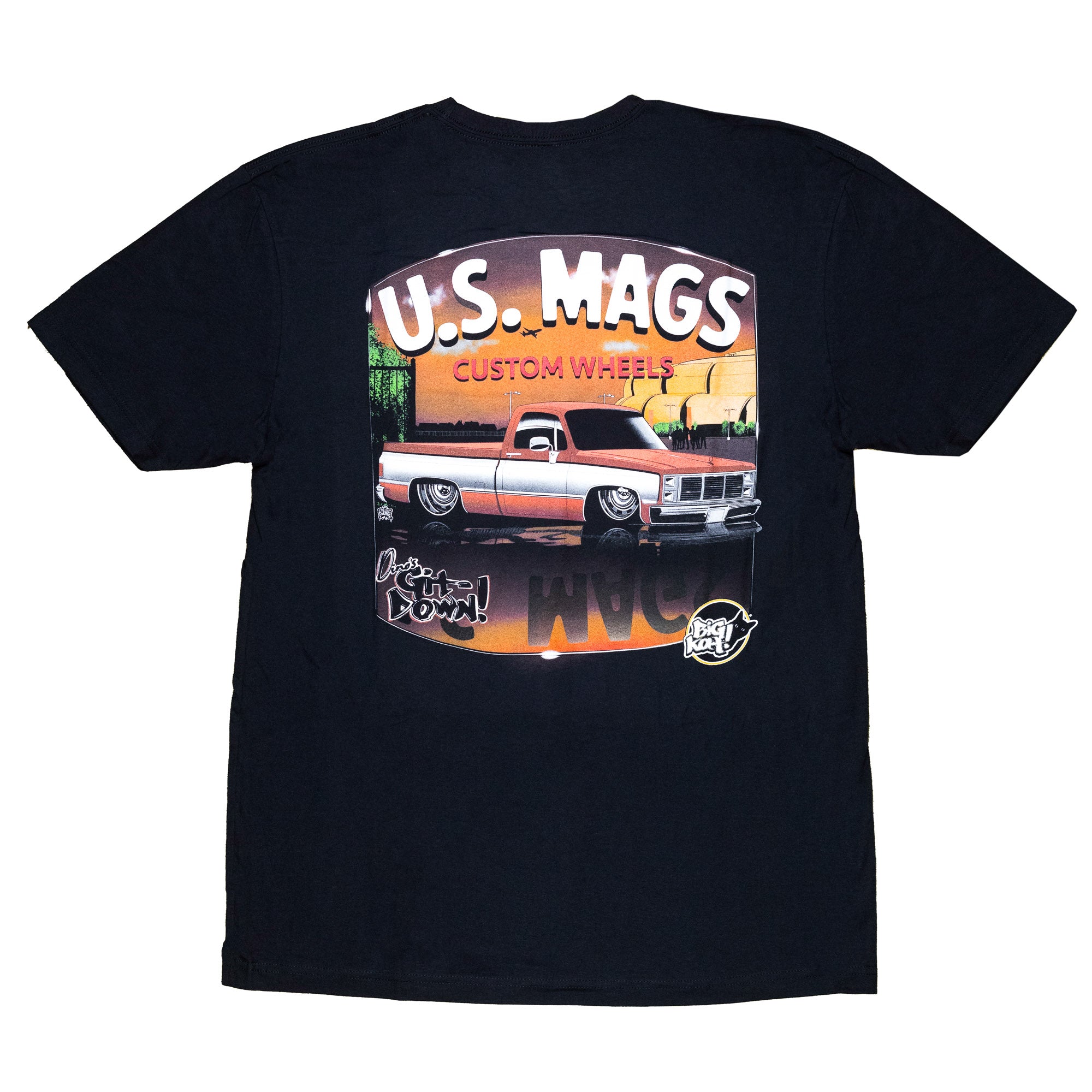 US Mags DINOS Short Sleeve T-Shirt featuring a vintage truck graphic and custom wheels design on the back.