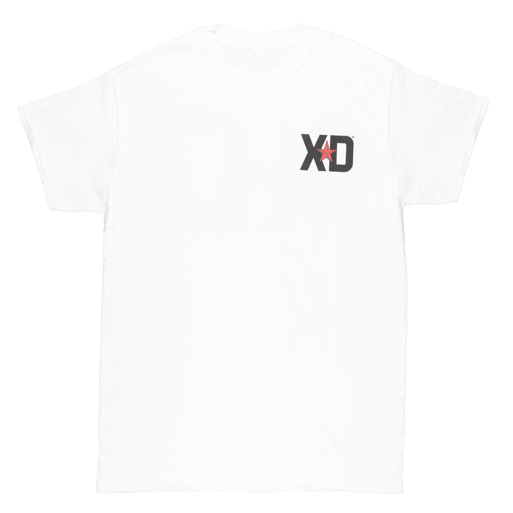 White short sleeve t-shirt featuring a bold XD logo on the left chest, perfect for automotive enthusiasts.
