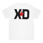 White short sleeve t-shirt featuring a large black XD logo with a red star on the back, ideal for automotive enthusiasts.