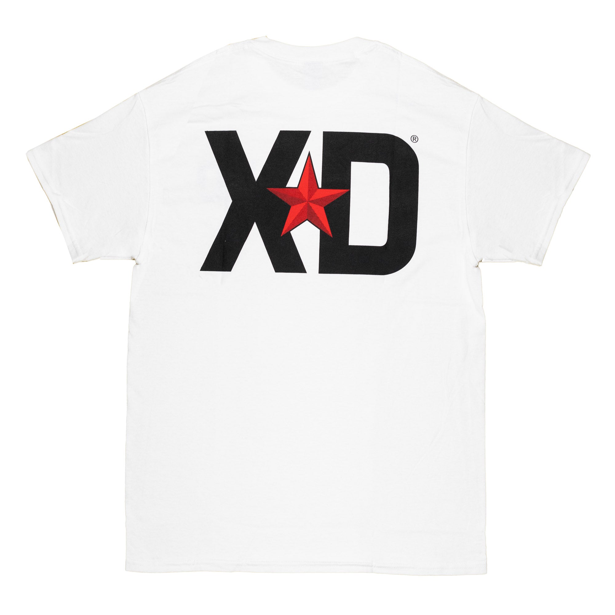 White short sleeve t-shirt featuring a large black XD logo with a red star on the back, ideal for automotive enthusiasts.