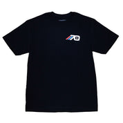 Black short sleeve t-shirt featuring the American Racing 70th anniversary logo on the front, perfect for motorsport enthusiasts.