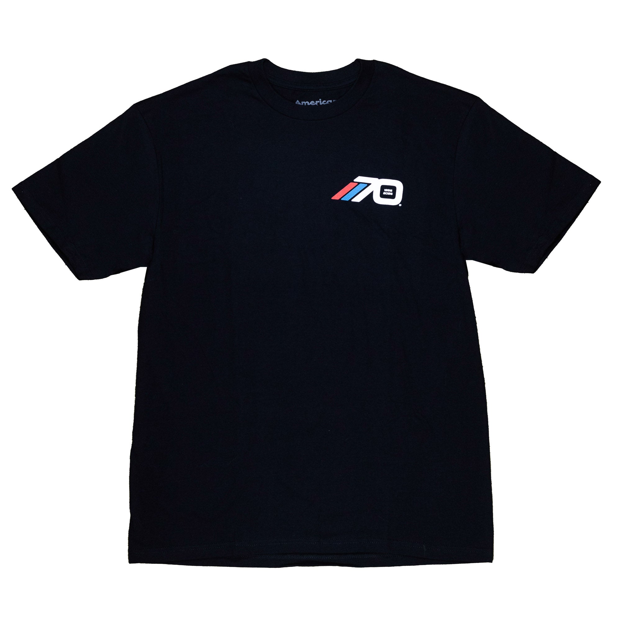 Black short sleeve t-shirt featuring the American Racing 70th anniversary logo on the front, perfect for motorsport enthusiasts.