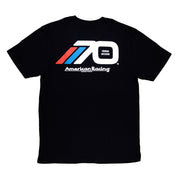 Black short sleeve t-shirt featuring a bold 70th anniversary graphic for American Racing on the back.