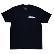 Black short sleeve t-shirt featuring the Hoonigan logo and checkered flag design, perfect for motorsport enthusiasts.