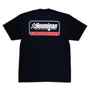 Black short sleeve t-shirt featuring the Hoonigan logo and "MFG. QUALITY MAYHEM" on the back, perfect for motorsport fans.