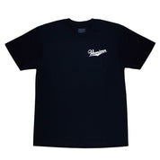 Black short sleeve t-shirt featuring a white Hoonigan logo on the left chest, ideal for motorsport enthusiasts.