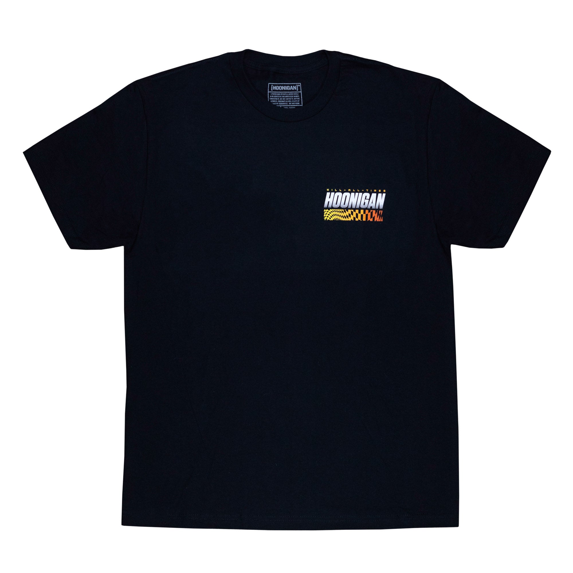 Black short sleeve Hoonigan SLIDEWAYS T-shirt featuring vibrant graphic logo on the front, perfect for motorsport enthusiasts.
