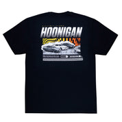 Black short sleeve Hoonigan SLIDEWAYS T-shirt featuring dynamic car graphics and bold logo on the back.