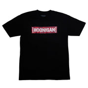 Black short sleeve t-shirt featuring a bold red and white Hoonigan logo across the chest, designed for motorsport enthusiasts.