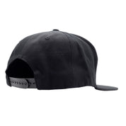 Black snapback hat with a flat brim and adjustable strap, featuring a clean design ideal for motorsport enthusiasts.