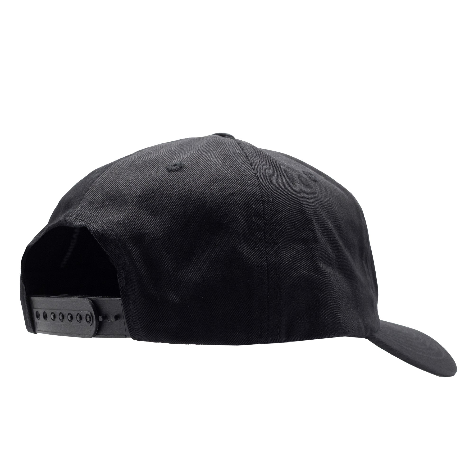 Black unstructured strapback hat featuring a classic design, perfect for motorsport enthusiasts and casual wear.