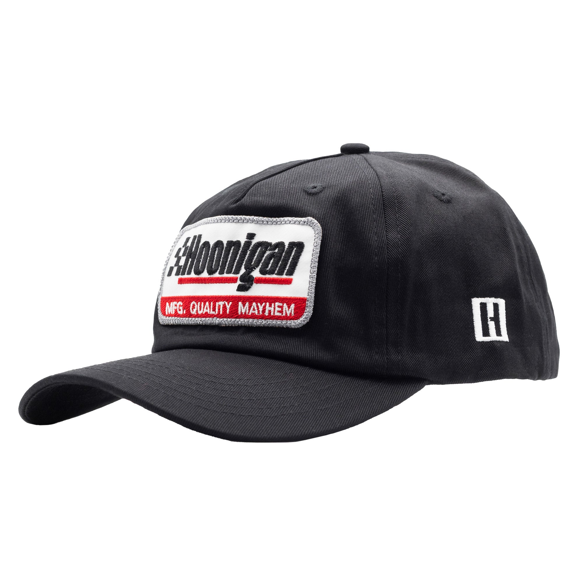 Black unstructured strapback hat featuring a bold Hoonigan logo patch and a sleek design for motorsport enthusiasts.