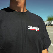Black Hoonigan RACE DAY short sleeve t-shirt featuring a bold logo, perfect for motorsport enthusiasts and car culture fans.