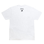 White short sleeve t-shirt featuring the Hoonigan logo and a graphic of a car performing a drift on the back.