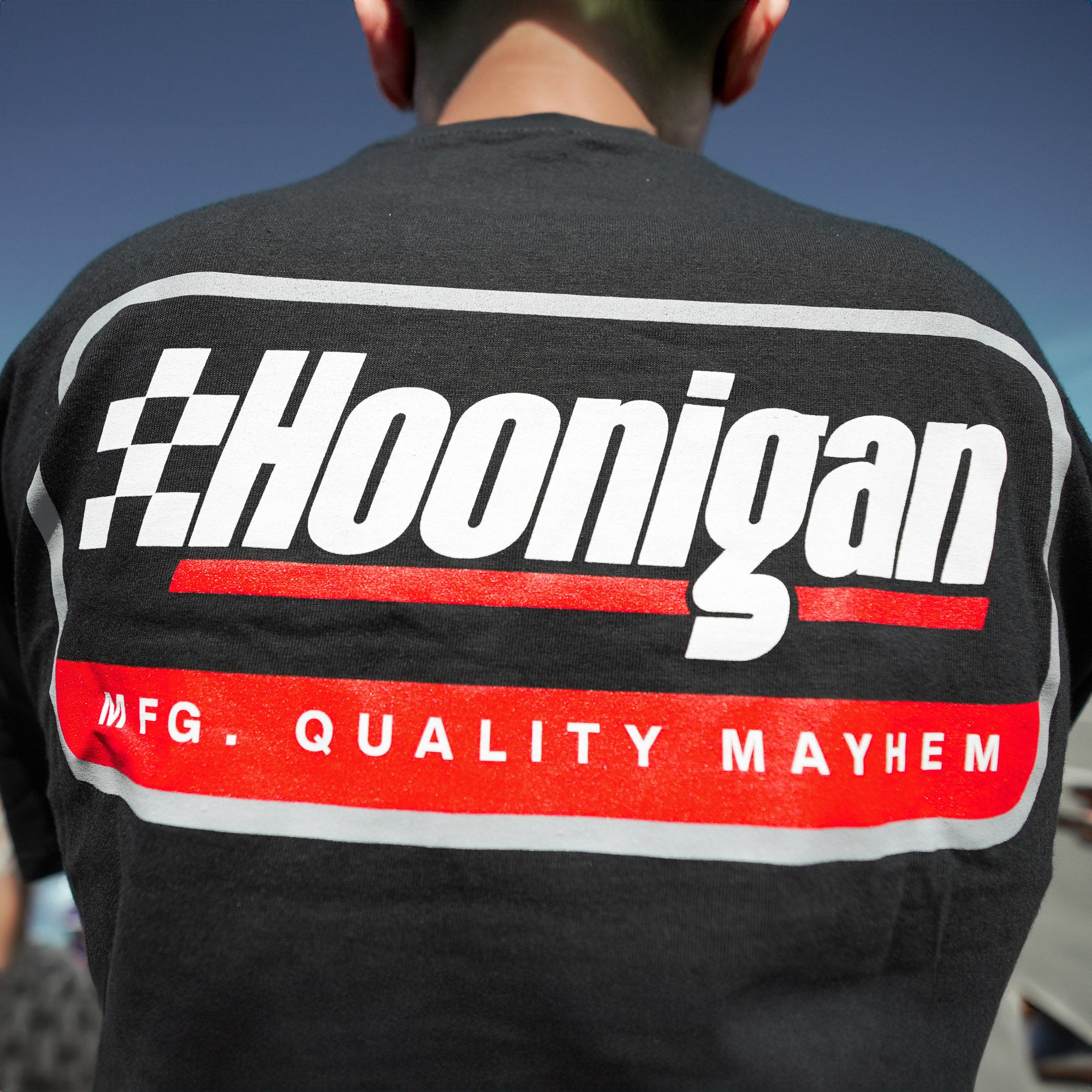 Black Hoonigan RACE DAY short sleeve t-shirt featuring bold logo and graphic design for motorsport enthusiasts.