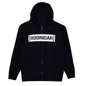 Black zip hoodie featuring a bold white "[HOONIGAN]" logo across the chest, ideal for motorsport enthusiasts.