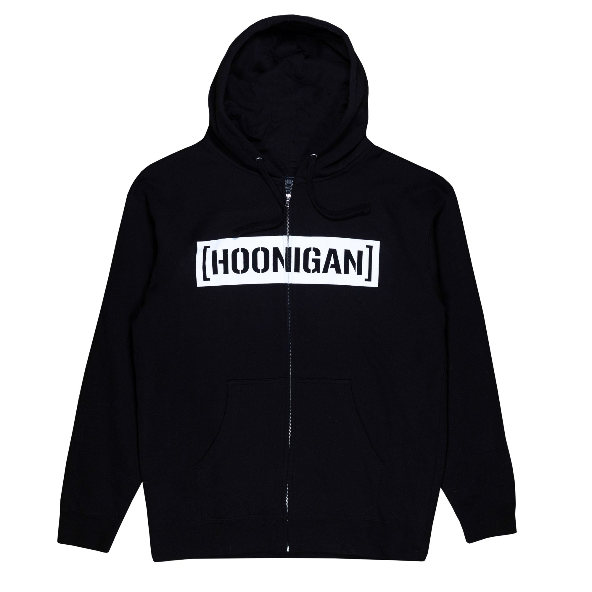 Black zip hoodie featuring a bold white "[HOONIGAN]" logo across the chest, ideal for motorsport enthusiasts.