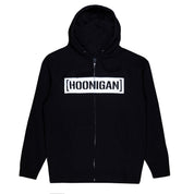 Black Hoonigan CENSOR BAR zip hoodie with the white [HOONIGAN] censor bar logo across the chest, front view.