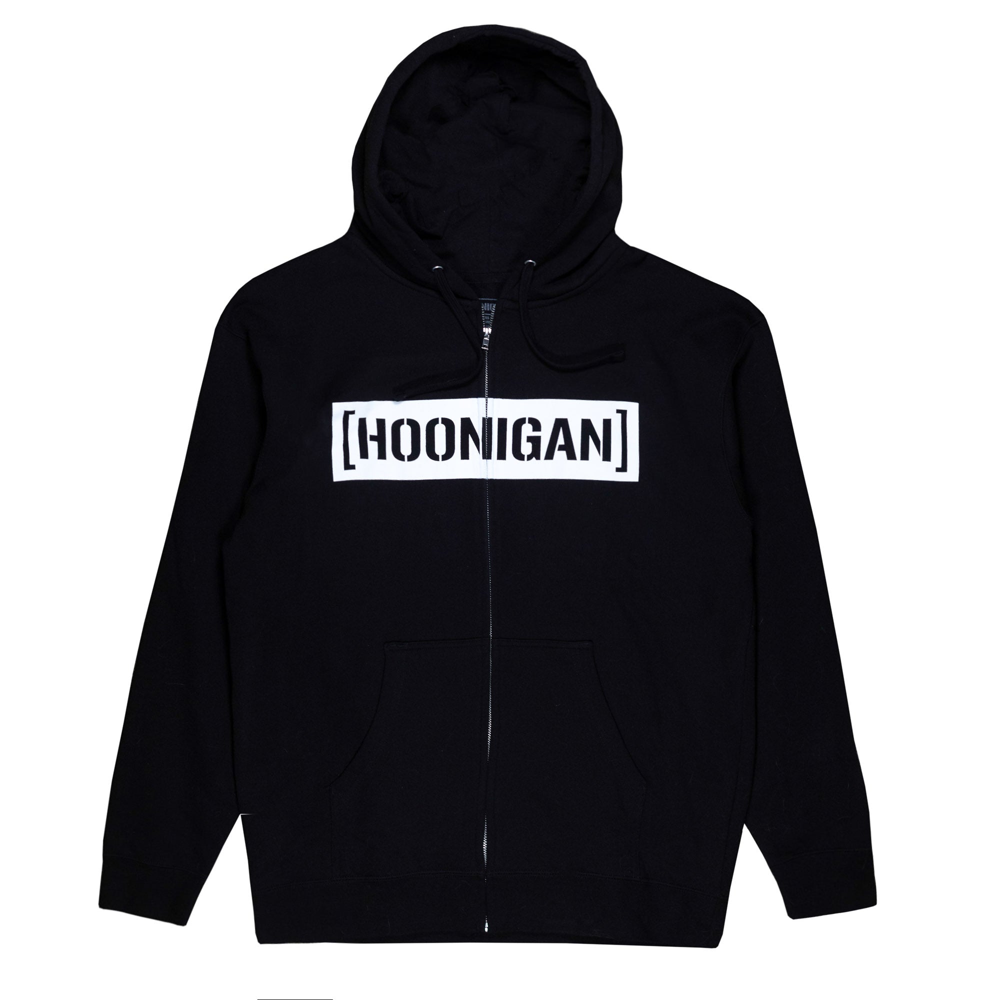 Black Hoonigan CENSOR BAR zip hoodie with the white [HOONIGAN] censor bar logo across the chest, front view.