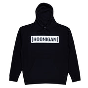 Black pullover hoodie featuring a bold white [HOONIGAN] logo across the chest, perfect for motorsport enthusiasts.