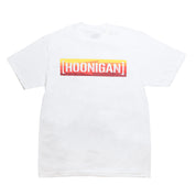 White short sleeve t-shirt featuring a bold gradient "[HOONIGAN]" logo, perfect for motorsport enthusiasts.