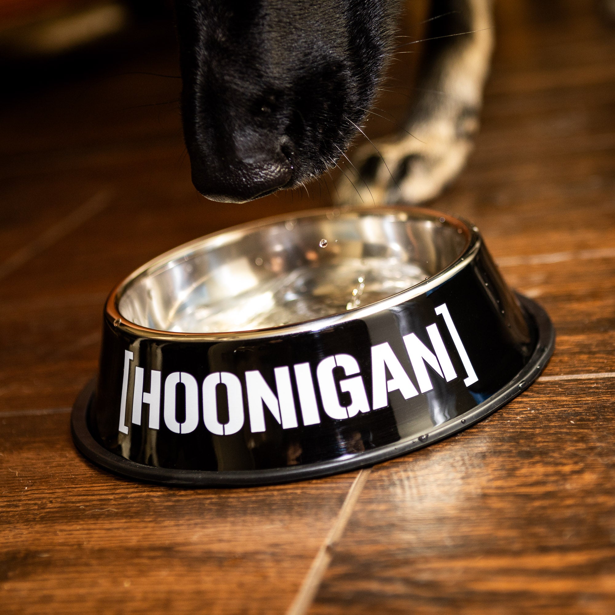 Hoonigan metal dog bowl with a black exterior and logo, designed for automotive enthusiasts and their pets.