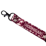 Hoonigan x Lia Block UR STAR lanyard featuring a maroon design with white stars and logo, ideal for motorsport enthusiasts.